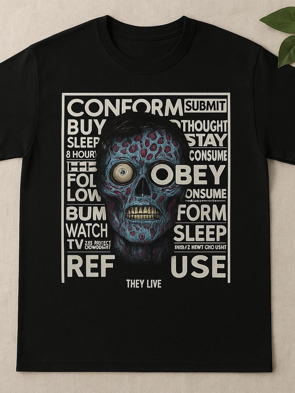 Dystopian Alien Skull Propaganda Graphic Tee - Retro Sci-Fi Horror Shirt